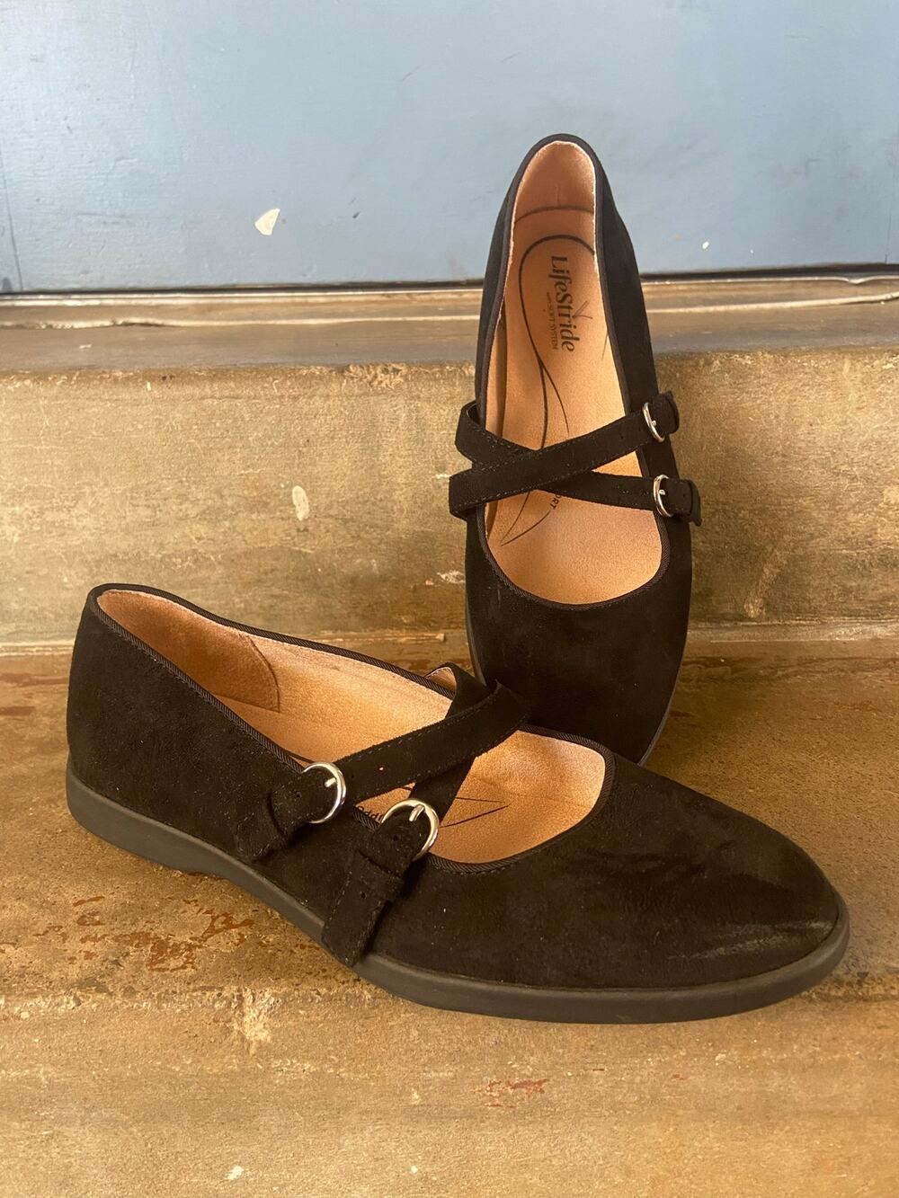 Lifestride Marnie black faux suede criss cross strap mary jane flat